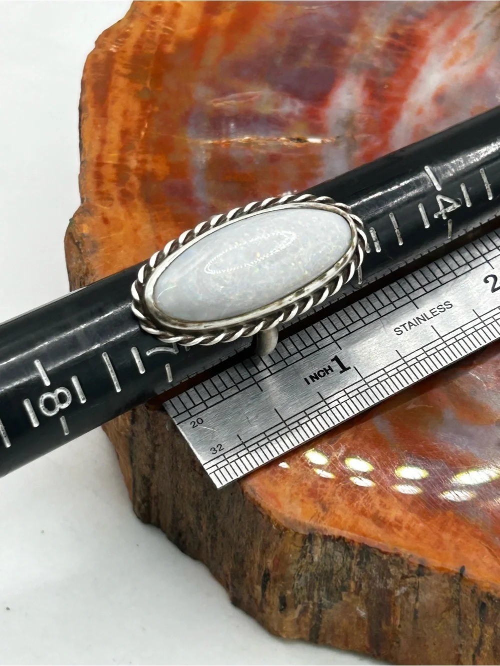 Vintage Sterling Silver Ring with Natural White Opal - Size 6, very large stone